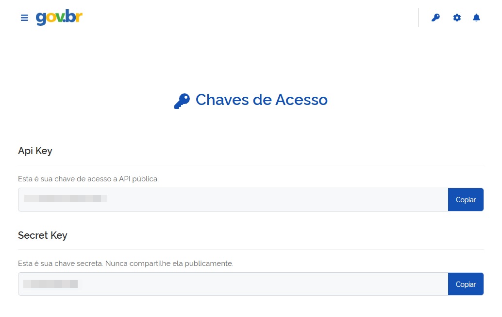 Cadastro do par de chaves